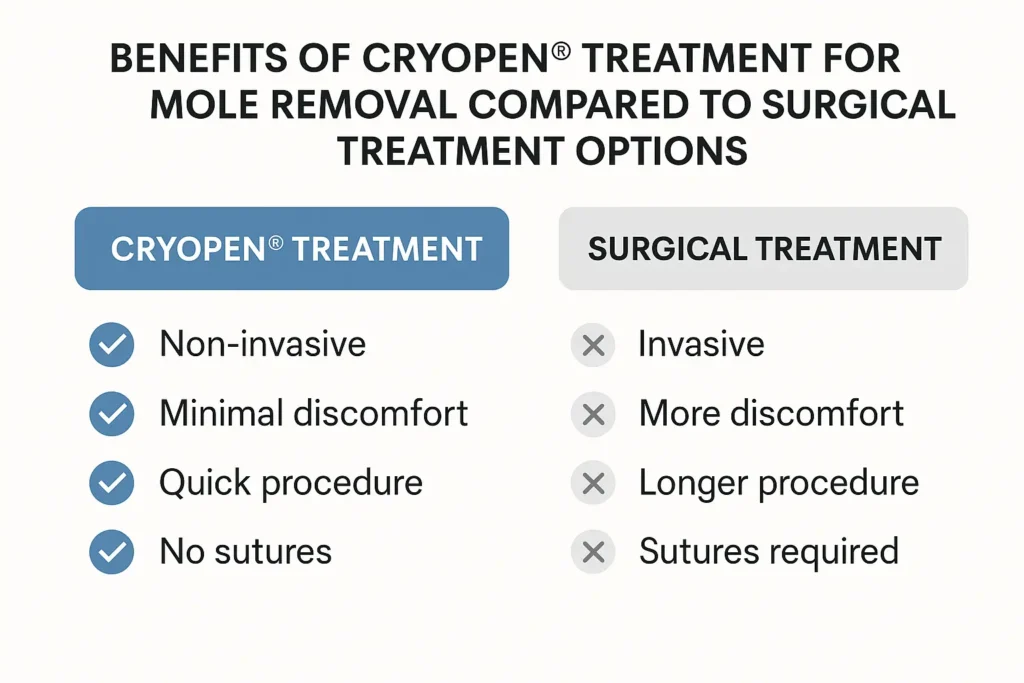 Table to show the benefits of getting moles removed Gloucestershire from LA LIPO