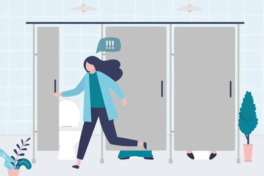 graphic of Urine incontinence Gloucestershire woman running to the toilet.