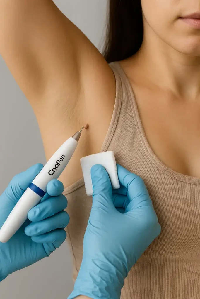 woman having cryopen to remove underarm skin tags Gloucestershire