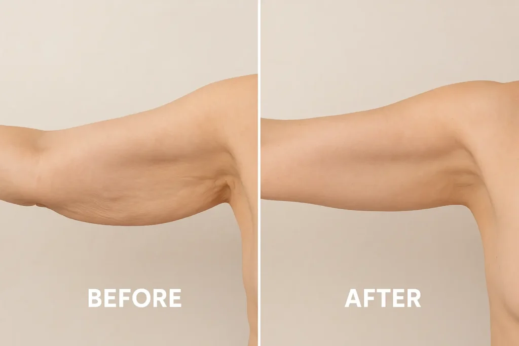 Picture of LA LIPO Gloucestershire before and after results of skin tightening treatment on the upper arms.