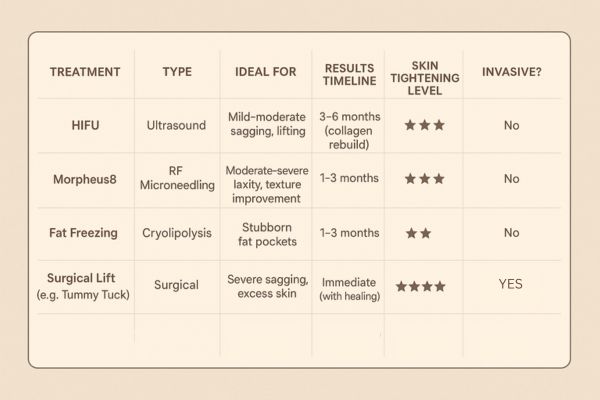 Table showing the comparisons of Skin tightening Gloucestershire treatment options. 